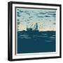 Fishing Schooner, Sea and Sea Gulls. Linocut Style. Vector Illustration-jumpingsack-Framed Art Print