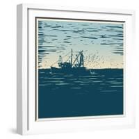 Fishing Schooner, Sea and Sea Gulls. Linocut Style. Vector Illustration-jumpingsack-Framed Art Print