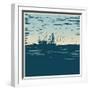Fishing Schooner, Sea and Sea Gulls. Linocut Style. Vector Illustration-jumpingsack-Framed Art Print