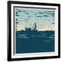 Fishing Schooner, Sea and Sea Gulls. Linocut Style. Vector Illustration-jumpingsack-Framed Art Print