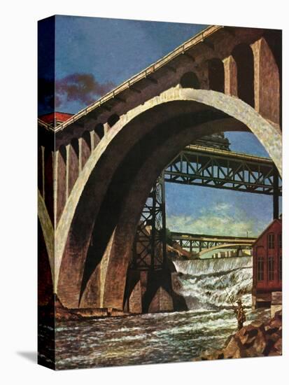 "Fishing Under Bridge," June 12, 1948-John Atherton-Stretched Canvas