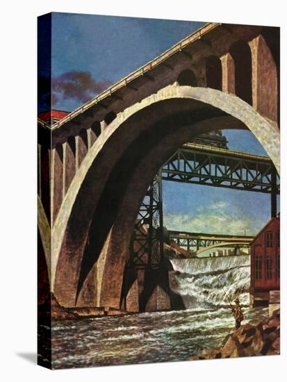 "Fishing Under Bridge," June 12, 1948-John Atherton-Stretched Canvas