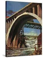 "Fishing Under Bridge," June 12, 1948-John Atherton-Stretched Canvas