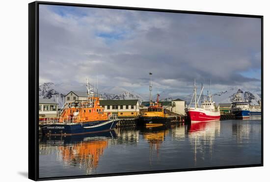 Fishing Vessel in Harbor at Hofn, Iceland-Chuck Haney-Framed Stretched Canvas