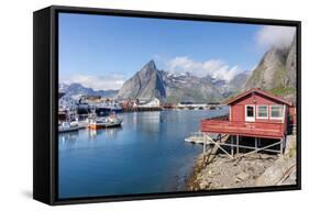 Fishing Village and Harbour Framed by Peaks and Sea, Hamnoy, Moskenes-Roberto Moiola-Framed Stretched Canvas