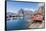 Fishing Village and Harbour Framed by Peaks and Sea, Hamnoy, Moskenes-Roberto Moiola-Framed Stretched Canvas