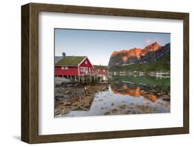 Fishing Village and Peaks Reflected in Water under Midnight Sun, Reine, Nordland County-Roberto Moiola-Framed Photographic Print
