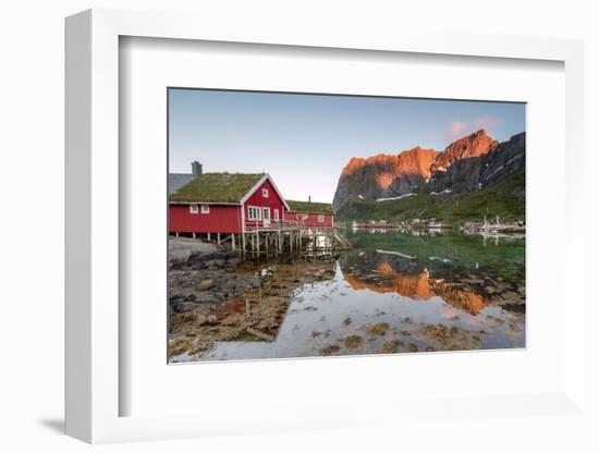 Fishing Village and Peaks Reflected in Water under Midnight Sun, Reine, Nordland County-Roberto Moiola-Framed Photographic Print