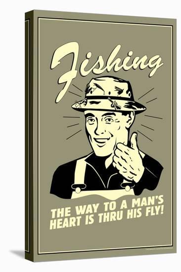 Fishing Way To Man's Heart Through His Fly Funny Retro Poster-Retrospoofs-Stretched Canvas