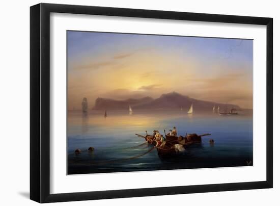 Fishing with Island of Capri in Background, Gouache, Italy, 19th Century-null-Framed Giclee Print