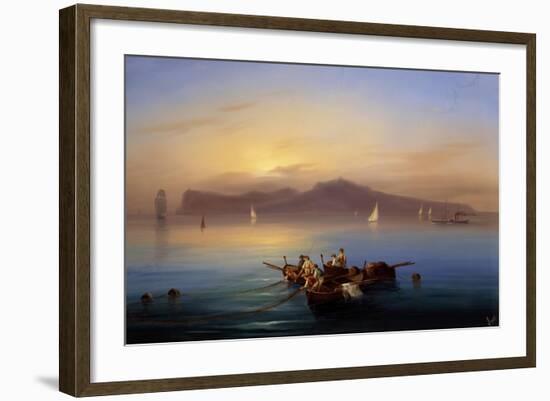 Fishing with Island of Capri in Background, Gouache, Italy, 19th Century-null-Framed Giclee Print