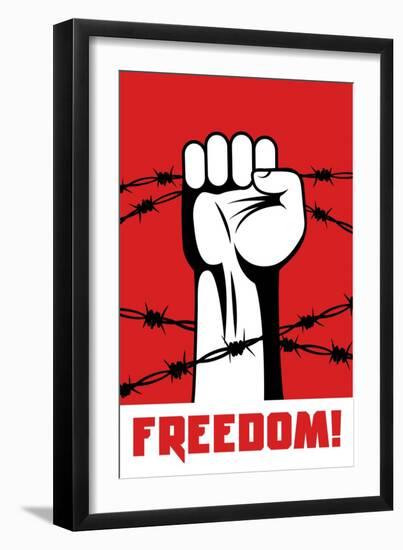 Fist up Power. Hand Breaks Barbed Wire. Fight for Freedom. Concept of Protest, Revolution, Refugee.-sebos-Framed Art Print