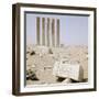 Five pillars still standing on the site of the Baran Temple near the ancient city of Marib-Werner Forman-Framed Giclee Print