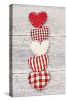 Five Red and White Fabric Hearts-Cora Niele-Stretched Canvas