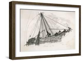 Five Sailors in the Rigging of a Sailing Ship Reefing a Sail-T. Ruhieres-Framed Art Print