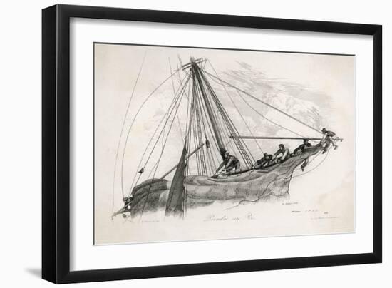 Five Sailors in the Rigging of a Sailing Ship Reefing a Sail-T. Ruhieres-Framed Art Print