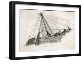 Five Sailors in the Rigging of a Sailing Ship Reefing a Sail-T. Ruhieres-Framed Art Print