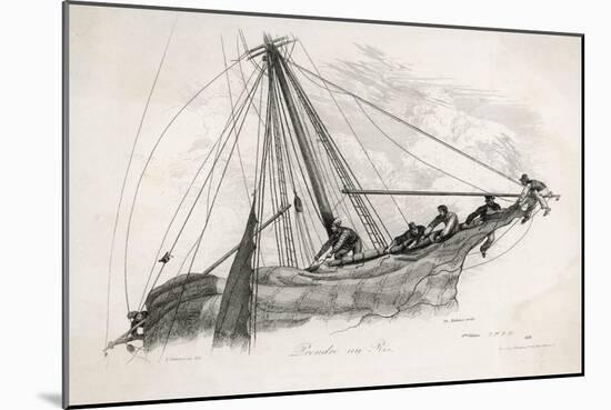 Five Sailors in the Rigging of a Sailing Ship Reefing a Sail-T. Ruhieres-Mounted Art Print