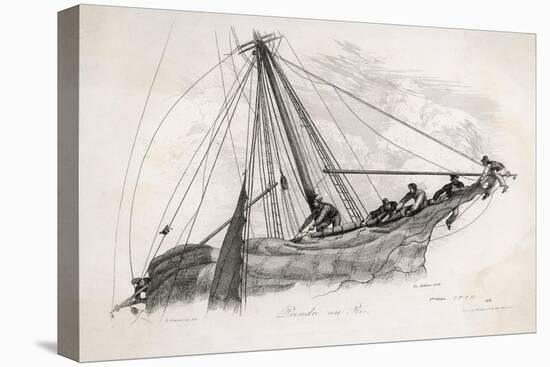 Five Sailors in the Rigging of a Sailing Ship Reefing a Sail-T. Ruhieres-Stretched Canvas