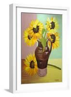 Five Sunflowers in a Tall Brown Jug-Joan Thewsey-Framed Giclee Print