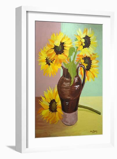 Five Sunflowers in a Tall Brown Jug-Joan Thewsey-Framed Giclee Print