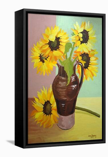 Five Sunflowers in a Tall Brown Jug-Joan Thewsey-Framed Stretched Canvas