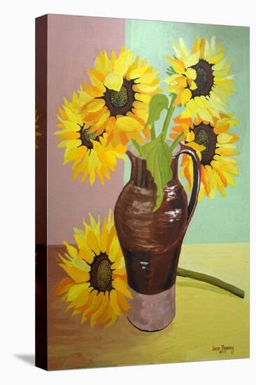 Five Sunflowers in a Tall Brown Jug-Joan Thewsey-Stretched Canvas