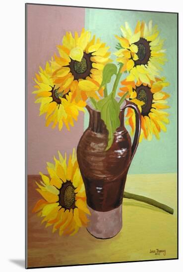 Five Sunflowers in a Tall Brown Jug-Joan Thewsey-Mounted Giclee Print