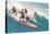 Five Surfers Catching Wave-null-Stretched Canvas