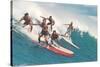 Five Surfers Catching Wave-null-Stretched Canvas