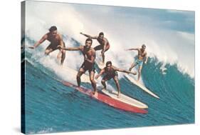 Five Surfers Catching Wave-null-Stretched Canvas