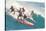 Five Surfers Catching Wave-null-Stretched Canvas