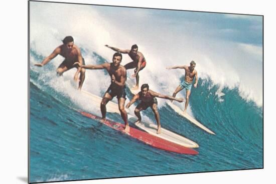 Five Surfers Catching Wave-null-Mounted Art Print