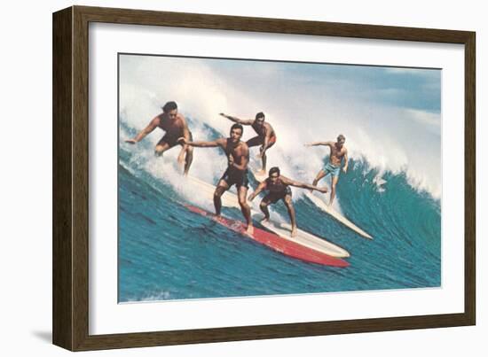 Five Surfers Catching Wave-null-Framed Art Print