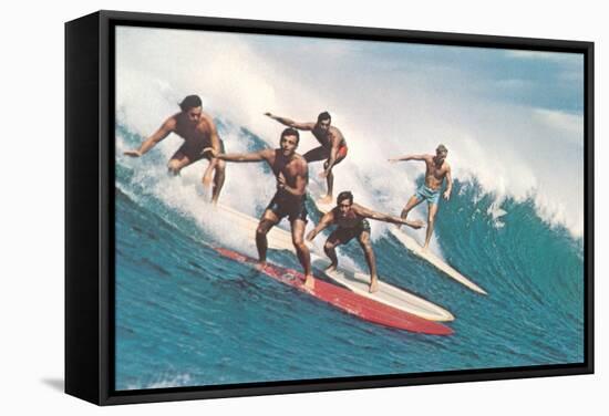 Five Surfers Catching Wave-null-Framed Stretched Canvas