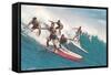 Five Surfers Catching Wave-null-Framed Stretched Canvas