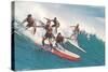 Five Surfers Catching Wave-null-Stretched Canvas