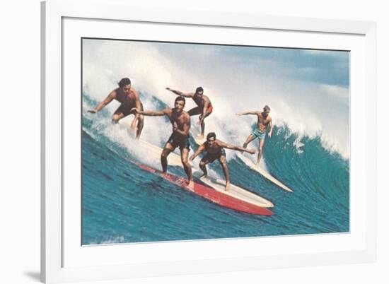 Five Surfers Catching Wave-null-Framed Premium Giclee Print