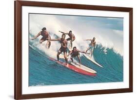 Five Surfers Catching Wave-null-Framed Premium Giclee Print