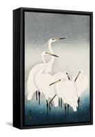 Five White Herons Standing in Water; Snow Falling-Koson Ohara-Framed Stretched Canvas