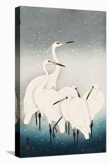 Five White Herons Standing in Water; Snow Falling-Koson Ohara-Stretched Canvas