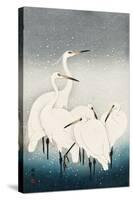 Five White Herons Standing in Water; Snow Falling-Koson Ohara-Stretched Canvas