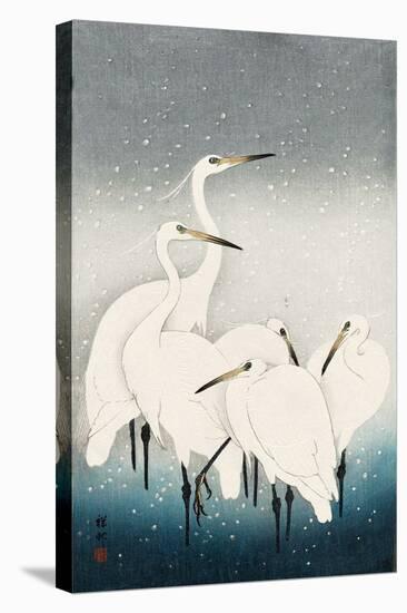 Five White Herons Standing in Water; Snow Falling-Koson Ohara-Stretched Canvas