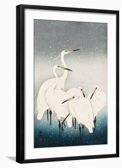 Five White Herons Standing in Water; Snow Falling-Koson Ohara-Framed Giclee Print