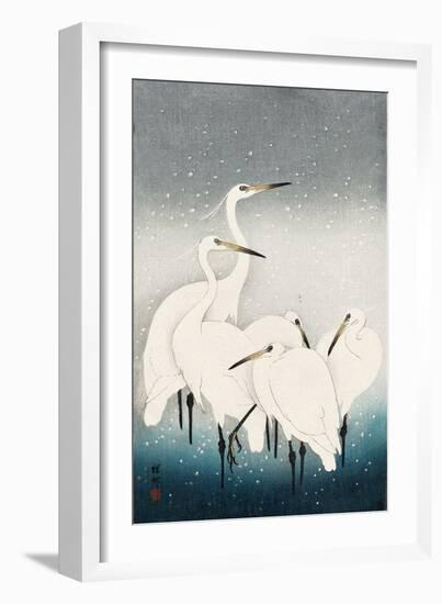 Five White Herons Standing in Water; Snow Falling-Koson Ohara-Framed Giclee Print