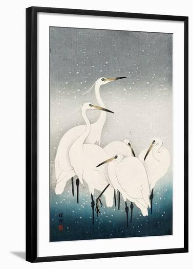 Five White Herons Standing in Water; Snow Falling-Koson Ohara-Framed Giclee Print