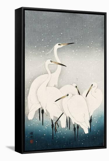 Five White Herons Standing in Water; Snow Falling-Koson Ohara-Framed Stretched Canvas