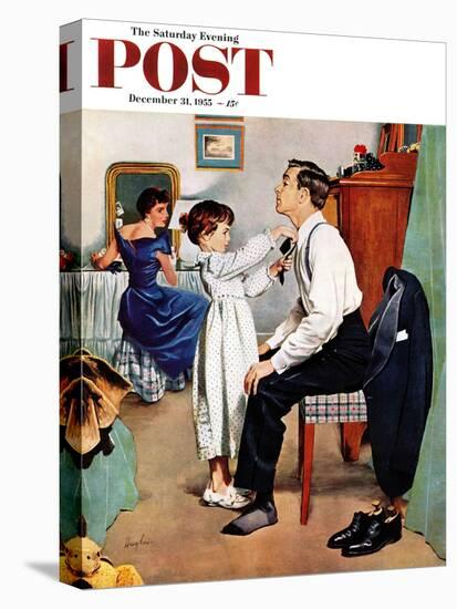 "Fixing Father's Tie" Saturday Evening Post Cover, December 31, 1955-George Hughes-Stretched Canvas