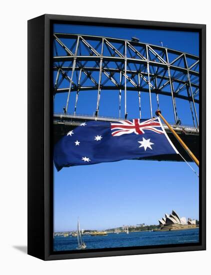 Flag, Sydney Harbour Bridge and Opera House, Sydney, New South Wales, Australia-Fraser Hall-Framed Stretched Canvas