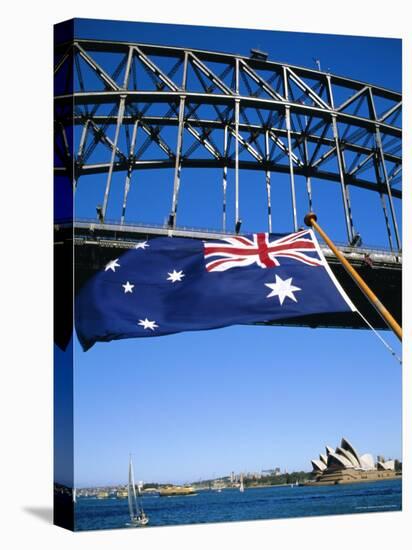 Flag, Sydney Harbour Bridge and Opera House, Sydney, New South Wales, Australia-Fraser Hall-Stretched Canvas